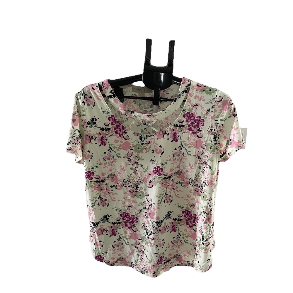 Emaline Ladies Top Size L Light Green Pink Floral Accents
